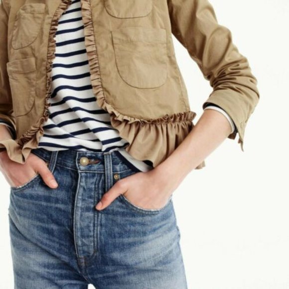 J Crew Ridge Khaki Ruffle & 4 Pockets Neutral Blazer Size 0 - Picture 5 of 9